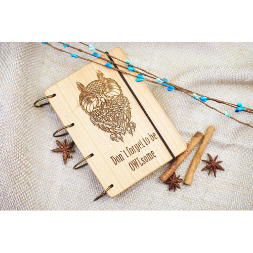 Notepad A6 "Owl" made of natural wood on rings. Notebook. Album for drawing. A diary. Sketchbook