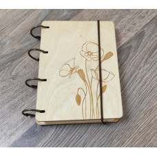 Notebook A6 "Poppies" made of plywood Light on rings, 60 sheets