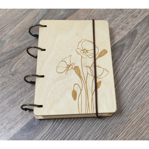 Notebook A6 "Poppies" made of plywood Light on rings, 60 sheets