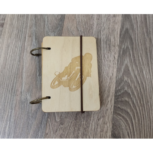 Wooden notebook A7 Motorcyclist made of plywood Light on rings