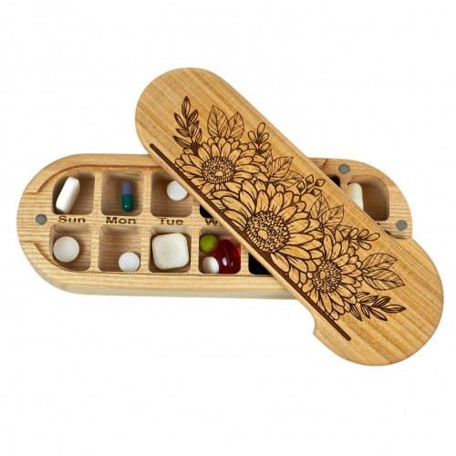 Wooden pillbox with 14 compartments, organizer for pills and vitamins, Sunflower