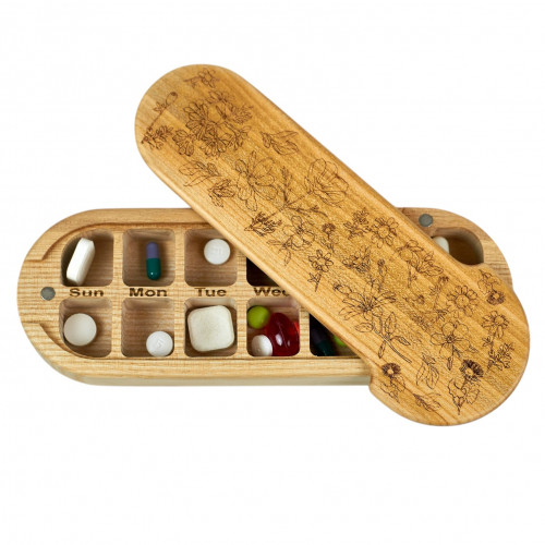 Wooden double pill box, Ranunculus, organizer for pills and vitamins