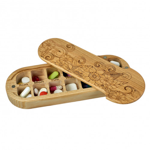 Wooden double pill box, cornflower, organizer for pills and vitamins