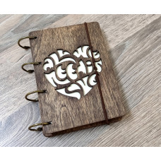 Notebook A6 "Heart All we need (res)" from plywood Dark on rings, 60 sheets