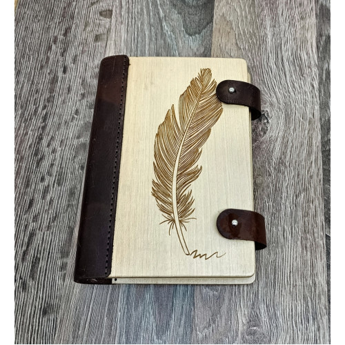 Wooden notepad made of natural wood and genuine leather Feather 2 clasps