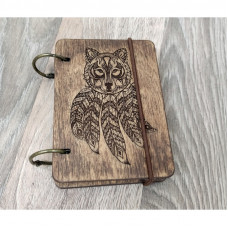 Wooden notebook A7 Wolf talisman made of plywood Dark on rings