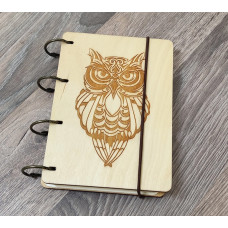 Notebook A6 Owl made of plywood Light on rings, 60 sheets