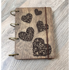 Wooden notebook A6 Love Hearts made of plywood Dark on rings, 60 sheets
