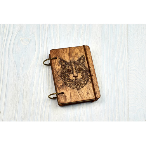 Notebook pocket A7 "Mikhendi's Cat" Dark of plywood on the rings, 60 sheets