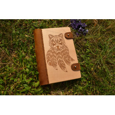 Notepad Natural Wood + Leather Wolf Mascot with 2 Clasps