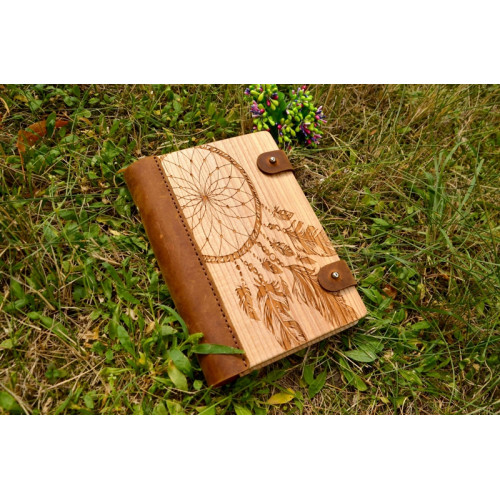 Notepad natural wood + leather Dreamcatcher with 2 clasps