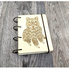 Notebook A6 "Wolf Mascot" Light of plywood on the rings, 60 sheets