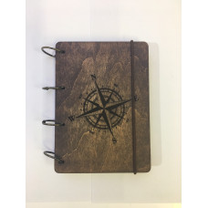 Notebook A6 "Wind rose" from plywood Dark on rings, 60 sheets