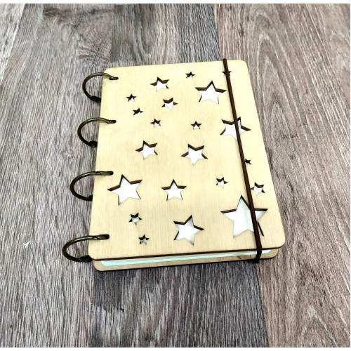 Notebook A6 "Stars" from plywood Light on rings, 60 sheets