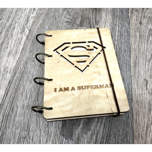 Notebook A6 Superman Superman from plywood Light on rings, 60 sheetsets