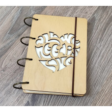 Notebook A6 "Heart All we need" (cut) from plywood Light on rings, 60 sheets