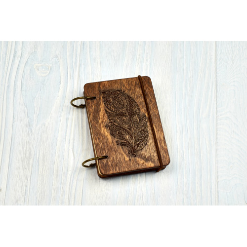 Notebook pocket A7 "Mehendi's feather" Dark of plywood on the rings, 60 sheets