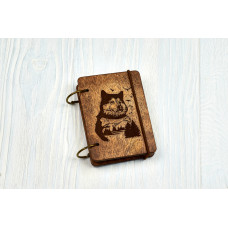 Pocket notebook A7 "Wolf and Forest" Dark of plywood on the rings, 60 sheets