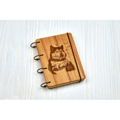 Купить Notepad A6  "Wolf + Forest" made of natural wood on rings. Notebook. Album for drawing. A diary. Sketchbook  по лучшей цене