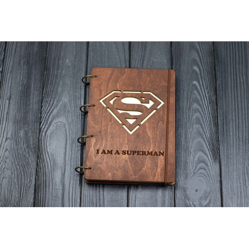 Notebook A5 "Superman " Dark of plywood on the rings, 60 sheets
