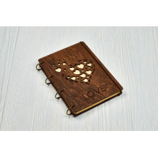 Notebook A5 "Hearts on the slot " Dark of plywood on the rings, 60 sheets
