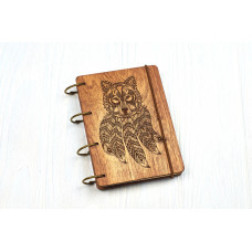 Notebook A6 "Wolf Mascot" from plywood Dark on the rings, 60 sheets