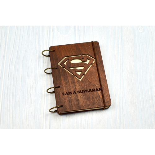 Notebook A6 "Superman Superman" from plywood Dark on the rings, 60 sheets