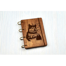 Notebook A6 "Wolf and forest" from plywood Dark on rings, 60 sheets