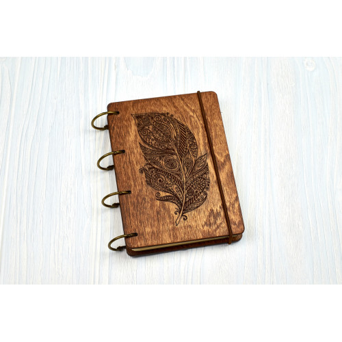 Notebook A6 "Feather mehendi" from plywood Dark on the rings, 60 sheets