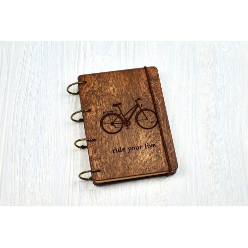 Notebook A6 "Bicycle" from plywood Dark on the rings, 60 sheets