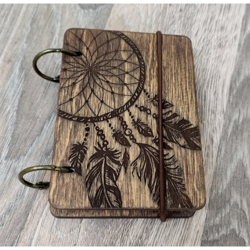 Wooden notebook A7 Dreamcatcher made of plywood Dark on rings