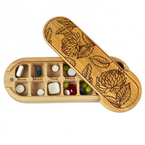 Wooden Weekly Pill Organizer – 14 Compartments for Pills & Vitamins, Chrysanthemum