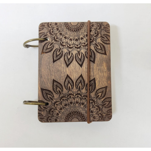 Wooden notebook A7 Mandala of dreams made of plywood Dark on rings